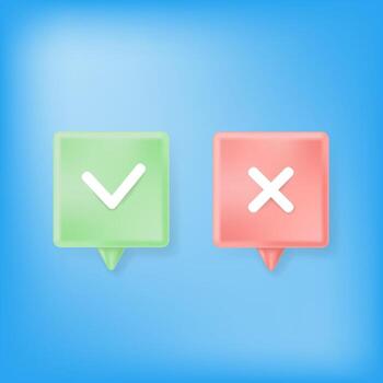 Cross and Check Icon. Speech Bubble with Accepted and Confirmed Sign. Survey Reaction Symbol on Blurred Blue Background. vector