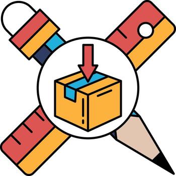 A box is being opened with a red arrow pointing down vector