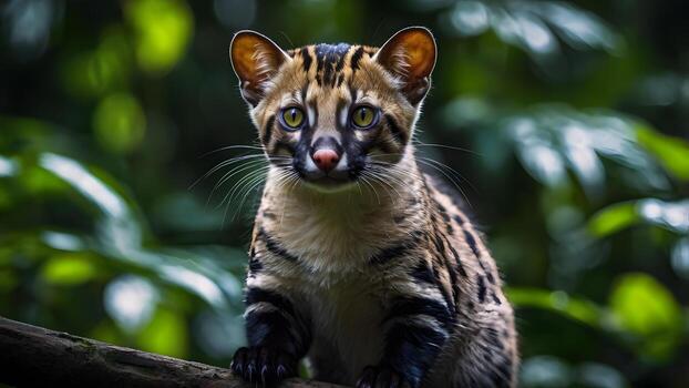 Close-up of a masked civet's face, staring intently at the camera, with striking patterns and green background. photo
