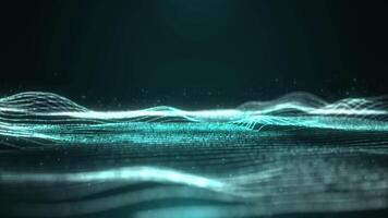 abstrakt futuristisch Welle Hintergrund mit funkeln Partikel, schleppend ziehen um glühend Partikel auf Blau Hintergrund, Daten Fluss, Cyber Technologie, nahtlos Schleife Animation 4k video