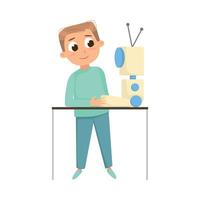 A boy is sitting at a table with a robot vector
