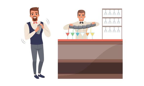 Bartender at bar counter, bartender serving drinks, bartender at bar counter, bartender serving drinks, vector