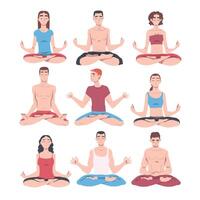 personas caracteres meditando sentado con las piernas cruzadas en loto posición ilustración conjunto vector