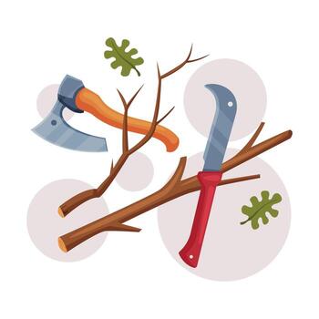 Toothed Blade and Ax with Wooden Handle as Wood Chopping Implement Composition vector
