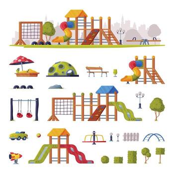 Children Playground Elements with Slide, Swings and Ladders Set vector