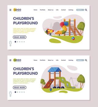 Children Playground Zone with Slide and Ladder Landing Page Template Set vector