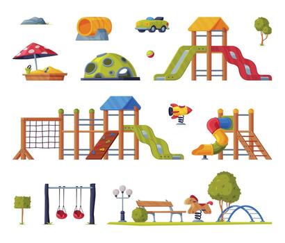 Playground set with playground equipment, playground, swings, slides, swings, swings set, playground vector
