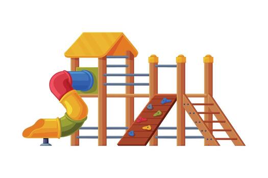 A wooden playground structure with a slide and slide vector