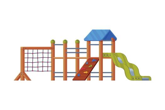 A wooden playground set with a slide and net vector