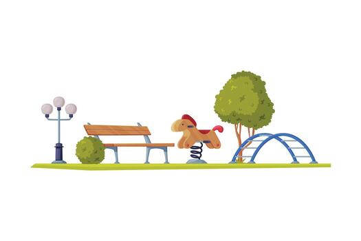 A horse and a playground with a bench and a tree vector