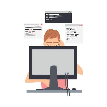 A woman is sitting at a computer with a stack of papers on the desk vector