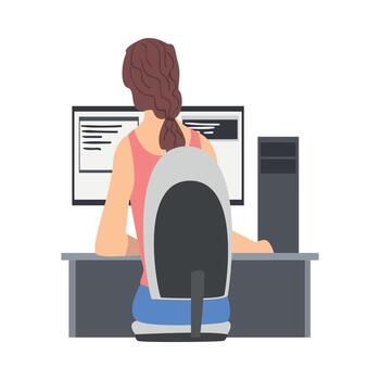 mujer web desarrollador o programador trabajando en frente de computadora pantalla ilustración vector