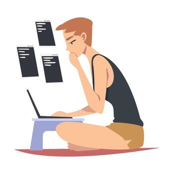 masculino como software desarrollador o programador comprometido en codificación en lado del servidor marco de referencia en ordenador portátil ilustración vector