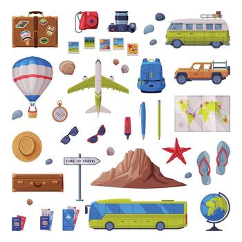 Travel Time with Tourism Attribute Like Map, Camera and Backpack Set vector