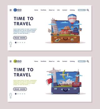 Travel or Tourism Website Landing Page with Open Luggage Bag and Journey Attributes Template Set vector