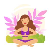 niña sentado y meditando en yoga loto posición con floral paisaje ilustración vector