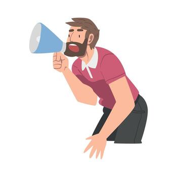 hombre personaje con megáfono o altoparlante haciendo anuncio y publicidad alguna cosa ilustración vector