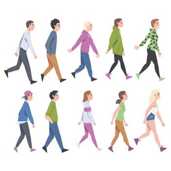 People Characters Going and Walking with Different Gait Side View Illustration Set vector