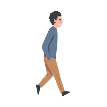 caminando hombre personaje con manos en bolsillos tomando pasos adelante lado ver ilustración vector