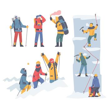 People Characters with Backpacks Ascending Mountains Covered with Snow and Ice Illustration Set vector