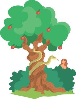 A snake is eating an apple under an apple tree vector