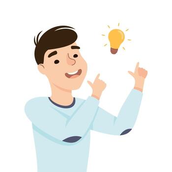 Beaming Man with Glowing Lightbulb Having Idea Finding Problem or Puzzle Solution Half Length Illustration vector