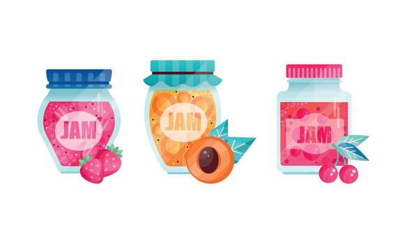 Jars of jam with fruit and berries vector