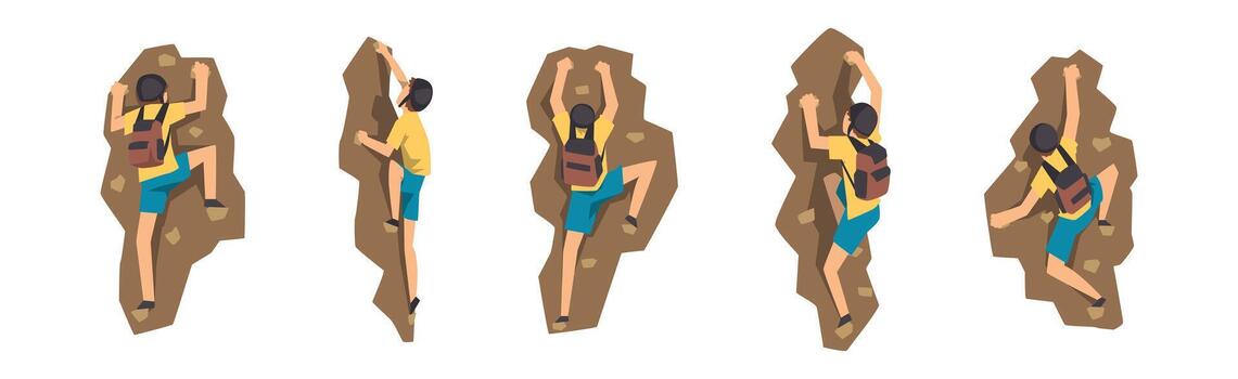 Four different views of a person climbing up a rock vector