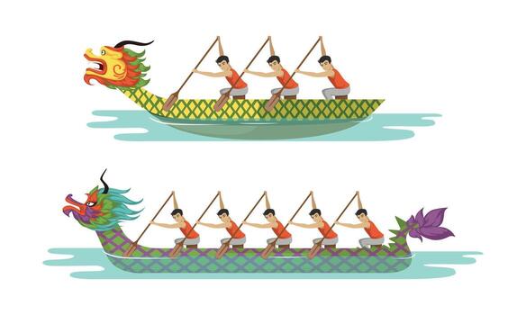 Dragon Boat Festival with Participants Taking Part in Racing Using Paddle Set vector