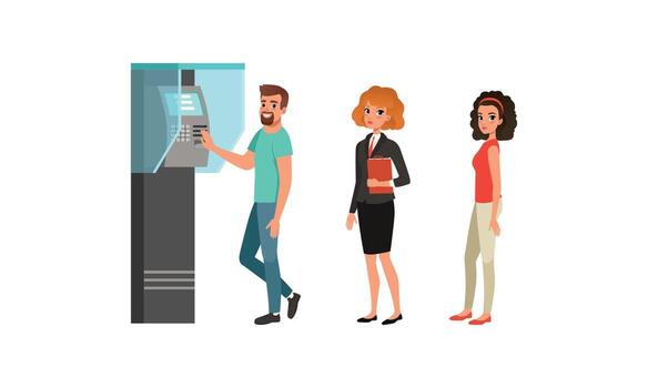 personas en pie en línea a utilizar un Cajero automático máquina vector