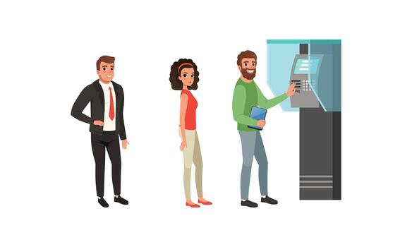 personas caracteres en pie en cola cerca Cajero automático máquina ilustración vector