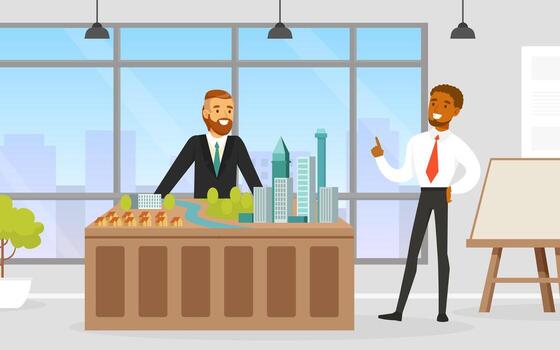 Man Architect Presenting Architectural Model or Maquette of Future Building Illustration vector