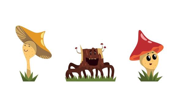 Funny Mushroom and Tree Stump Characters with Smiling Faces Growing on Grass Set vector
