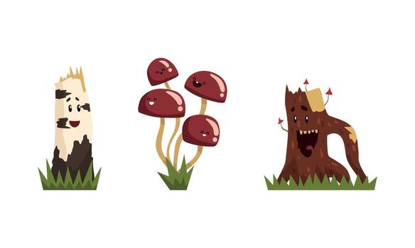 Three cartoon trees with mushrooms and a tree stump vector