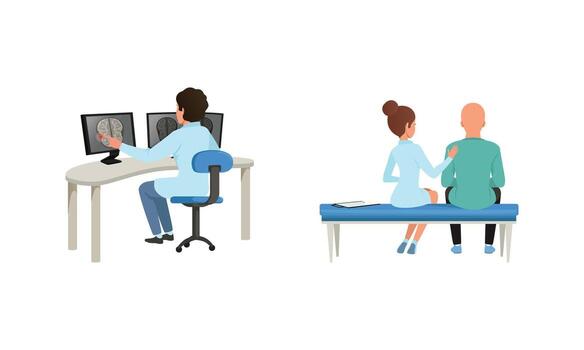 Two people sitting at a desk with a computer screen vector