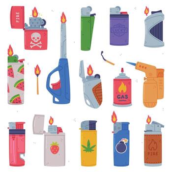 Various Lighters as Portable Device for Igniting Cigarette and Generating Flame Set vector