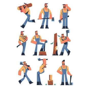 Bearded Man Logger or Lumberjack Cutting Tree Trunk Set vector