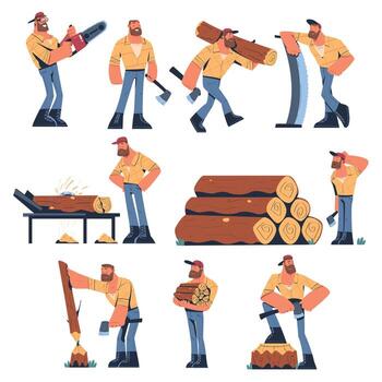 Lumberjack set of cartoon characters with axes, chainsaws and logs vector