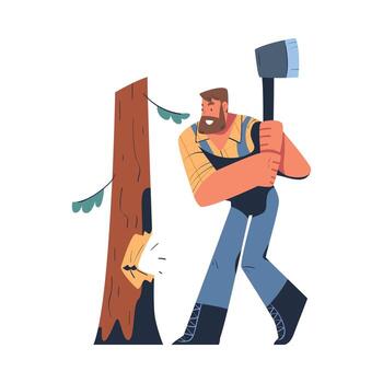 A cartoon man with an ax is cutting down a tree vector