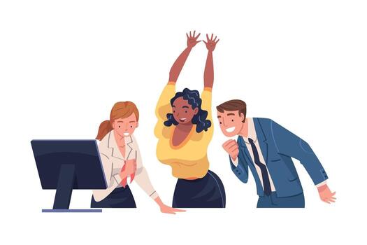 Three people are standing around a computer screen vector