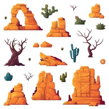 Rock, Cacti and Bare Trees as Desert Landscape Element Set vector