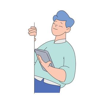 Smiling Man Character Looking Out of Corner with Tablet Illustration vector