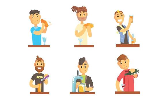 Man Bartender or Barkeep Serving Alcoholic or Soft Drink Beverages Behind the Bar Set vector