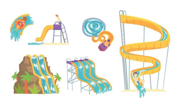 Water park set of water slides, water slides, water slides, water slides, water slides, vector