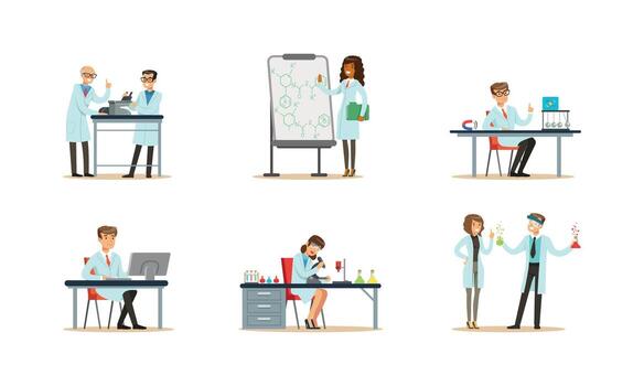 científicos y científicos en laboratorio abrigos y laboratorio abrigos vector