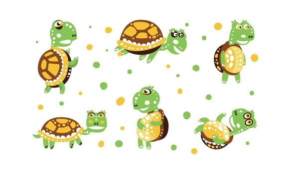 Cute Turtle with Shell and Short Feet in Different Poses Set vector