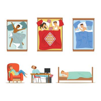People Characters Sleeping In Different Position in Various Places Set vector