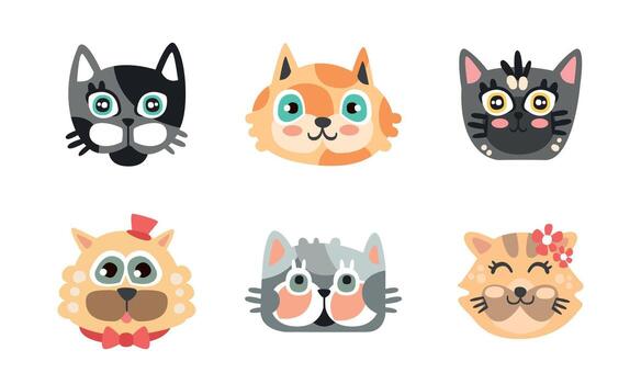 Different Cat Muzzle and Heads with Whiskers Set vector