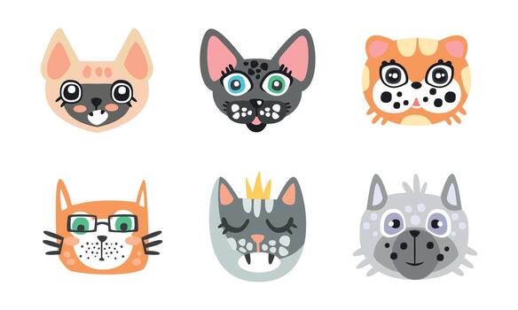 A set of cartoon cat faces with different expressions vector