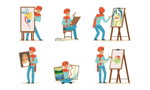 Smiling Artist in Red Beret Painting with Brush on Drawing Easel Set vector